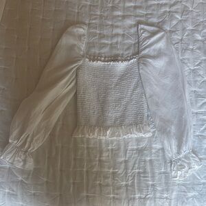 Reformation Clementine Linen White Smocked Puff Sleeve Blouse